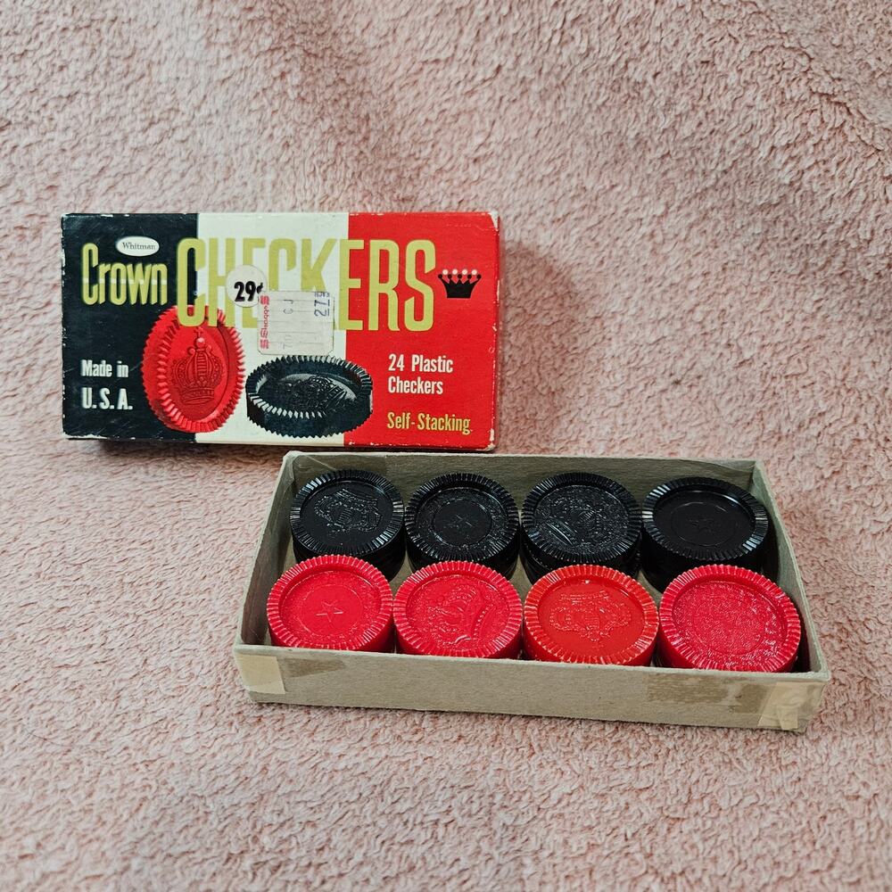 Vintage 1960 Whitman Crown Checkers 24 Plastic Self-Stacking Checkers Game Set